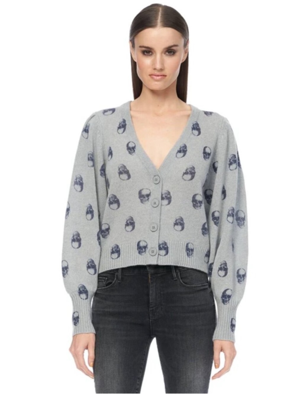 Skull Cashmere Roza Skull Puff Sleeve Cardigan - Misty Blue Size Large